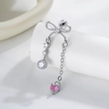 Pendiente de lazo plateado con circonitas claras y cristal rosa en forma de corazón - Estilo de Lazo (Pieza Única) (A36-6#)