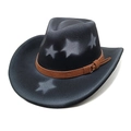 Classic western wool cowboy hat with white star print and brown leather decorative band - M(56-58cm) / Black