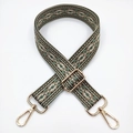 Detail of 3.8cm colorful jacquard geometric strap with gold-plated swivel metal hooks - Army Green Khaki