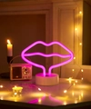 Pink lips-shaped LED neon desk lamp with a white circular base and power switch - Lips (Pink) With Base