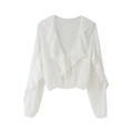 Detail van witte blouse met lange mouwen, ruches V-hals en strikdetail aan de voorzijde - XS / Wit
