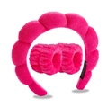 Pink terry sponge headband and wristband set for face washing with handmade label - Rose Red Terry Headband + 2 Wristbands
