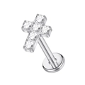 Piercing labret in titanio G23 argento a forma di croce con zirconi luccicanti - Stile Croce d'Argento (#12) / 1.2*8mm