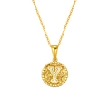 Hammered gold circular necklace with a white enamel letter Y pendant and beaded edges - Letter Y (S-P173-Y)