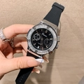 Luxury silver ladies watch with black dial and diamond-set bezel on silicone strap - Black Strap Black Silver Case