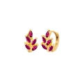 Detailed macro view of S925 sterling silver leaf earrings with red zircon in gold finish - Rose Red Zirconia