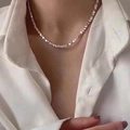 Silver square geometric beaded pearl necklace on woman neck in white shirt - Silver Square Metal Beaded Necklace