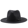 Close-up of black straw fedora hat featuring a stylish studded band and metal ring detail - Black