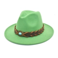 Green wool fedora with brown leather band and turquoise gemstone detailing - M (56-58cm) / Grass Green