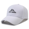 White baseball cap with black mountain embroidery and Youth Dayoff text on front - White