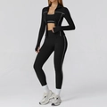 Black yoga set with three pieces featuring white contrast trim and thumbhole sleeves - S / Top And Bottom / 3-Piece Set (Bra+Trousers+Jacket) / Premium Black