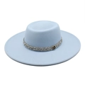 Detail of light blue wool felt fedora with rhinestone band and M logo on a wide brim - M (56-58cm) / M Label Rhinestone Fedora (CZY-101) / Sky Blue