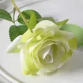 Single artificial velvet rose in soft light yellow and white gradient on a tray - 7cm / Elsa Rose-Green