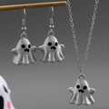Ghost pendant necklace and earrings set for Halloween in matte silver finish - Silver Gray (Necklace And Earrings)