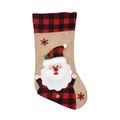 Linen Christmas stocking with 3D Santa Claus and red black plaid trim on white background - Santa Claus