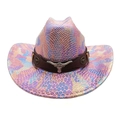 Colorful snake pattern western cowboy hat with silver bull head metal buckle accessory - M (56-58cm) / Pink