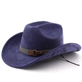 Detail of dark purple suede cowboy hat featuring a grey band and brown leather buckle - M (56-58cm) / Navy Blue