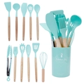 Juego de 11 utensilios de cocina de silicona verde menta con mangos de madera y recipiente - Verde Lago Juego de 12 Piezas Con Cubo Pequeño (Ultraligero)