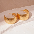 Detailed view of gold C-shaped earrings with unique embossed wavy metal texture - Gold Ripple C-Shape Stud Earrings (Stainless Steel Earring Post)