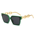 Green oversized square sunglasses with gold metal chain temples for women holiday travel - Green Frame Grey Lens