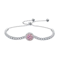 Adjustable silver bracelet featuring a round pink halo stone and tennis chain style - 925 Sterling Silver (White Gold Plated) / 1 Carat Pink Moissanite