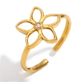 Elegant 18K gold plated flower ring with white rhinestone and adjustable open band - Shell Flower Open Ring - Gold
