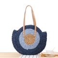 Minimalistische runde Stroh-Schultertasche in Marineblau und Hellblau gewebt - Böser Blick Muster / Groß Gestreift Blau