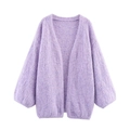 Relaxed lavender knit cardigan featuring a plush texture and open front design - S / Purple