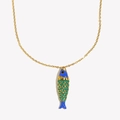 18K vergulde roestvrijstalen ketting met blauwe en groene vis hanger van emaille - Goud-Blauwgroen