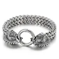 Polished silver stainless steel bracelet featuring detailed rooster head buckle charms - Double Rooster Head Style (KB139887-KJX)