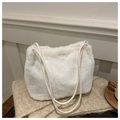 Close-up of white faux fur shoulder bag texture with long straps on warm knit scarf - White Without Pendant