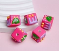 Pink cube beads with cartoon monster hand-painted patterns for DIY jewelry making - Rose Red Square + Green Monster