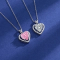 Exquisite silver heart pendant necklace featuring a pink gemstone and halo setting - Pink Diamond Heart Necklace Tz-14