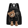 Linda mochila negra para niñas de preescolar con oso de peluche 3D y bordado - Negro