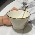 Ceramic hat-shaped bowl and spoon set in ivory white with elegant gold rim finish - Gold Rim 5 Inch Bowl + Spoon Set
