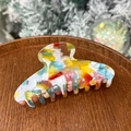 Detailed view of acetate multi-color hair claw clip with golden Barrette La France lettering - Multicolor Mosaic - 8 Teeth