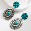 Detailed view of silver bohemian drop earrings featuring turquoise stones and daisy patterns - Turquoise Blue (Oval Stud)