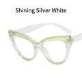 Cat eye glasses in glitter silver white frame with green accents and blue light filter - Glitter Silver Clear Lens
