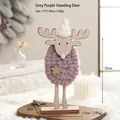 Nordic wooden reindeer ornament with grey wool body and white mini knitted hat - No.22 Big Deer - Grey-Purple