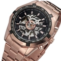 Rose gold automatic mechanical watch with skeleton dial and metal link strap - Rose Gold with Black Bezel