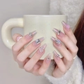 Pink and purple gradient coffin press-on nails with silver bow, rhinestones and pearls - Extra Small (XS) / Medium Coffin Style (1567)