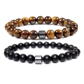 Tiger eye and matte black stone beaded bracelets set with hematite hexagonal spacers - 2 Pcs Set - Magnetic Clasp / Yellow Tiger Eye / Black Matte Agate
