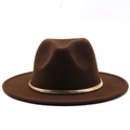 Elegant dark brown wide brim wool fedora hat featuring a stylish gold chain band - M (56-58cm) / Coffee