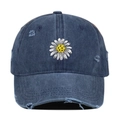 Close-up view of distressed washed denim baseball cap with daisy embroidery detail - One Size / Navy Blue