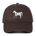 Close-up of white heart and horse embroidery on a dark brown cotton baseball cap - Adjustable / Coffee