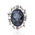 Vintage relief portrait brooch with sparkling rhinestones and silver-toned floral frame - Antique Silver/Grey Portrait (C933-A)