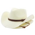 Beige Western straw cowboy hat with embossed brown band and adjustable chin strap - M (56-58cm) / Cream