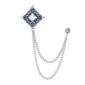 Vintage gold brooch with square purple gemstone and hanging double metal chains - White Gem (Antique Silver Base)