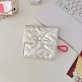 Quilted silver heart-patterned pouch with white snap button and pink lanyard on desk - Heart Quilted Beige Square Sanitary Pad Bag