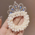 Kids pearl princess crown hair tie featuring sparkling rhinestones and shiny silver charm - Teardrop Color Rhinestone Crown